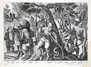 Lovci používají k lovu divočáků oštěpy nebo zbraně nabité olovem, ilustrace z knihy "Venationes, Ferarum, Avium, Piscium" (O lovu: divoká zvěř, ptáci, ryby), vyryl Jan Collaert (1566-1628), od Jan van der Straet