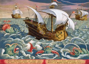 Lov na mořské tvory, deska 84 z „Venationes Ferarum, Avium, Piscium“ (Lovu: Divoká zvířata, ptáci, ryby), vyrytý Jan Collaert (1566-1628), vydal Phillipus Gallaeus z Amsterdamu (ručně od Jan van der Straet