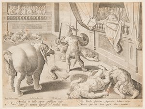 Římský voják bojující s jedním z Hannibalových slonů, pl. 7 v sérii Hra, ptáci a ryby