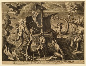Ferdinand Magellan z Portugalska, deska 4 z "America Retection" od Jan van der Straet, called Stradanus