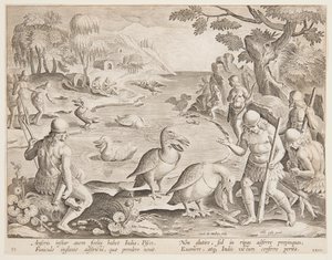 Indiáni loví ryby s pomocí pelikánů, deska 23 ze série Game of Game, Birds, and Fish od Jan van der Straet, called Stradanus