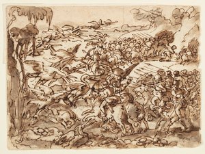 Recto: Bitva mezi Pygmejmi a jeřáby; Verso: nápis týkající se přírodní historie Plinia Staršího, kniha 7, kap. 2