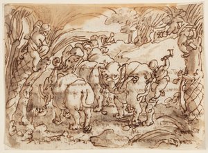 Recto: Sloni lovili Troglodyty [jeskynní lidé]; Verso: nápis týkající se přírodní historie Plinia Staršího, kniha 8, kap.8