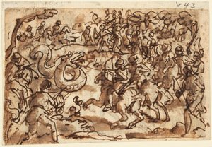 Recto: Římský konzul Attilius Regulus v boji s obřím africkým hadem, z Pliniovy přírodní historie, kniha 8, kap. 14; Verso: Ptyolomy chytání obřího hada sítí, od Diodorus Siculus, Bibliotheca Historica III, 37