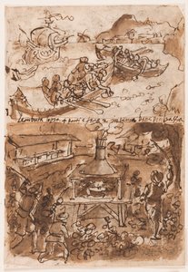 Recto, nahoře: Sbírání bitumenu, z Pliniovy přírodní historie, kniha 35, kap 51; Recto, dole: Chytání nočních můr. Verso, nahoře: Buffalo Hunt; Verso níže: Lov korálů na Sicílii, z přírodní historie Plinia Staršího