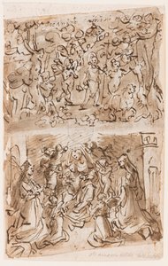 Recto, nahoře: Mladý sv. Jan Křtitel vedený anděly v poušti; Recto, dole: Sacra Conversazione se sv. Barbory a Kateřiny; Verso, nahoře: Ukřižování; Verso níže: Kristus uzdravuje ochrnuté poblíž jezírka Bethesda od Jan van der Straet, called Stradanus