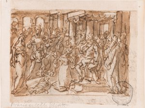 The Judgment of Solomon, předběžný návrh pro "Spiritus Sapientiae" (Duch moudrosti), deska 1 v tiskové sérii "Sedm darů Ducha svatého" od Jan van der Straet, called Stradanus