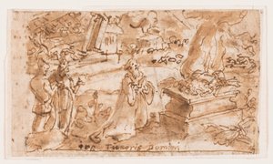 The Sacrifice of Job, předběžný návrh pro "Spiritus Timoris Domini" (Dar bázně Páně), deska 7 v sérii tisků "Sedm darů Ducha svatého" od Jan van der Straet, called Stradanus
