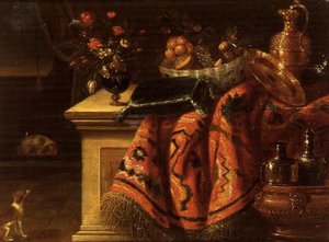 Zátiší s vázou s květinami, ovocem v misce, stříbrně zlaceným džbánem a talířem a polštářem od Jan van the Elder (follower of) Kessel