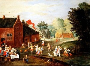 Sedláci hodování na vesnici od Jan van the Elder Kessel