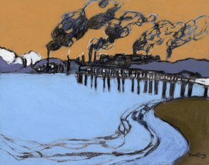 Anacortes Smokeshow, asi 2024 (uhel, akvarel a kasein na papíře) od Janel Bragg