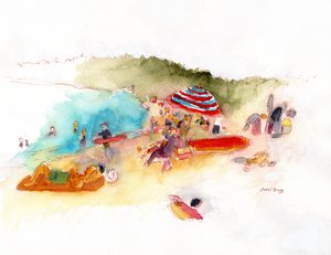 Plážoví opalovači a surfaři v zátoce Hanalei, cca 2019 (akvarel a tužka na papíře) od Janel Bragg