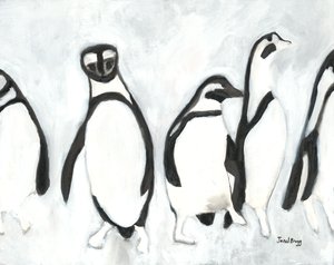 Tučňáci v Zoo Woodland Park, cca 2021 (tuš sumi a gesso na papíře) od Janel Bragg