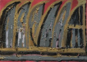 Burning House, 2013 (kvaš, dřevěný popel a plátkové zlato na papíře) od Janet McKenzie