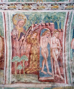 Hrastovlje opevněný kostel, kostel Nejsvětější Trojice, Adam a Eva vyhnaní z ráje (1490), detail z fresek od Janeze Ize Kastva, Slovinsko