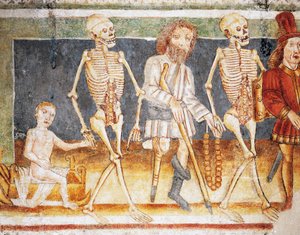 Hrastovlje opevněný kostel, kostel Nejsvětější Trojice, Smrt doprovázející dítě a chudé, Tanec smrti (1490), detail z fresek od Janeze Ize Kastva (1490), Slovinsko
