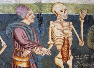Hrastovlje opevněný kostel, kostel Nejsvětější Trojice, lékař doprovázející smrt, Tanec smrti (1490), detail z fresek od Janeze Iz Kastva, Slovinsko