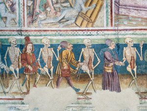 Hrastovlje opevněný kostel, kostel Nejsvětější Trojice, Smrt doprovázející obchodníka a bohatého bankéře, Tanec smrti (1490), detail z fresek od Janeze Ize Kastva, Slovinsko