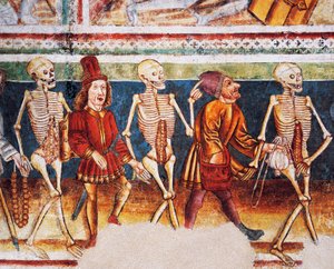 Opevněný kostel Hrastovlje, Kostel Nejsvětější Trojice, Smrt doprovázející obchodníka a bohatého bankéře, Tanec smrti (1490), detail z fresek od Janeze Ize Kastva, Slovinsko