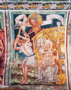 Hrastovlje opevněný kostel, kostel Nejsvětější Trojice, první práce jejich předků, detail z fresek od Janeze Ize Kastva (1490), Slovinsko