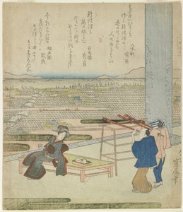 (Žena a dva muži si užívají výhled z budovy na kopci), 20. léta 19. století (barevný dřevořez) od Japanese School