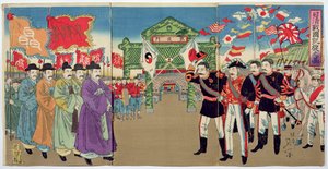 Setkání mezi japonskými důstojníky a korejskými úředníky, epizoda z čínsko-japonské války, konec 19. století (barevný dřevořez) od Japanese School