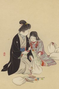 Matka a její dívka aranžují dárky, které mají být odeslány na frontu (chromolitho) od Japanese School