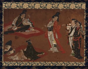 Piknikový večírek, Závěsný svitek (namontovaný na panelu), počátek 17. století (barva a zlato na papíře) od Japanese School