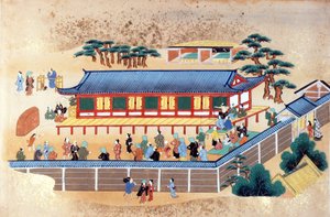 Soutěž v lukostřelbě, ilustrace z „Kaempferovy sbírky japonského a čínského umění“ od Engelberta Kaempfera, kolem roku 1672 (barevné lito) od Japanese School
