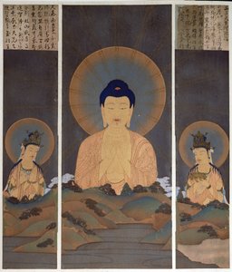 Zjevení buddhistické trojice, Buddhy Amitábhy a jeho dvou bódhisattvů, Kannon (Soucit) a Seishi (Moudrost) na hoře, ilustrace z časopisu "Kokka", leden 1909 (barevná litografie). od Japanese School