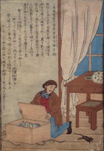 Audubon otevírá svou krabici akvarelů zničených norskými krysami, kolem roku 1872-77 od Japanese School