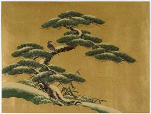 Pták na stromě (čb na zlatém podkladu na japonském papíře) od Japanese School