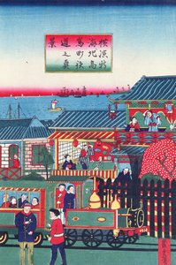 Střední část triptychu zobrazující vlak v Jokohamě, druhá polovina 19. století (viz také 277856) od Japanese School