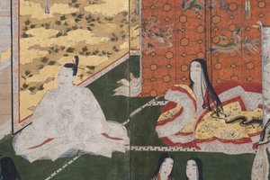 Detail jara v paláci, šestinásobná obrazovka z The Tale of Genji, cca 1650 (inkoust, barvy a zlato na papíře) od Japanese School
