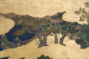 Detail jara v paláci, šestinásobná obrazovka z The Tale of Genji, cca 1650 (inkoust, barvy a zlato na papíře) od Japanese School