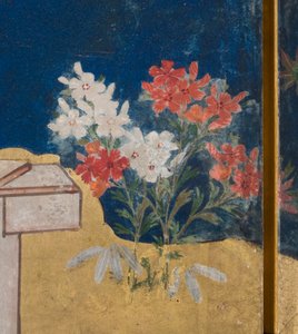 Detail jara v paláci, šestinásobná obrazovka z The Tale of Genji, cca 1650 (inkoust, barvy a zlato na papíře) od Japanese School