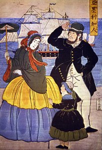 Evropská rodina v přístavu v Jokohamě namalovaná japonským umělcem v roce 1861 od Japanese School