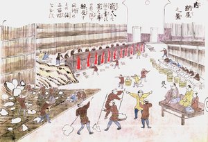 Továrna na přípravu velrybích produktů, konec 19. století (barevné rytí) od Japanese School