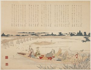 Firefly Viewing Party, c.1818-29 (barevný dřevořez, karazuri na části řeky) od Japanese School