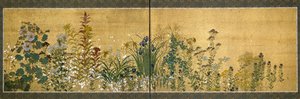 Japonské umění: panely obrazovek zdobené květinami. Styl školy Rimpa (1596-1615). Malování na hedvábí. Ztlumit. 65x189 cm Soukromá sbírka od Japanese School