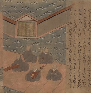 Japonští hudebníci, ilustrace z „Taishokkan“ (inkoust a barva na papíře) od Japanese School