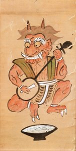 Kakemono zobrazující ďábla hrajícího na šamisen (tuš a barva na papírovém svitku) od Japanese School