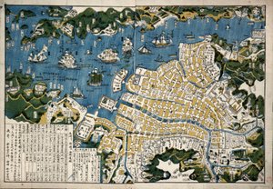 Mapa Nagasaki, Japonsko, asi 1868 (kolorovaný dřevoryt) od Japanese School