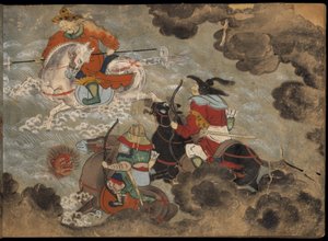 Vojáci na koních bojující s démony, ilustrace z „Taishokkan“ (inkoust a barva na papíře) od Japanese School