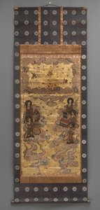 Nástěnná malba: Sestup pětadvaceti bódhisattvové (služebníci triády Amitabha), 18. století (Triptych závěsné svitky: inkoust, barva a zlato list na papíře, mosaz) od Japanese School