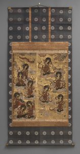 Nástěnná malba: Sestup pětadvaceti bódhisattvové (služebníci triády Amitabha), 18. století (Triptych závěsné svitky: inkoust, barva a zlato list na papíře, mosaz) od Japanese School