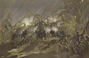 Naši vojáci pěchoty se potýkají na prosném poli poblíž Liao-jang (chromolitho) od Japanese School