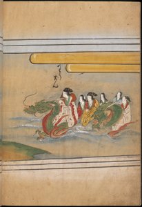 Lidé jedoucí na dracích, ilustrace z „Taishokkan“ (inkoust a barva na papíře) od Japanese School