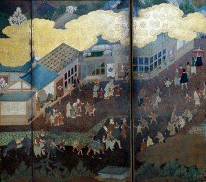 Obrazovka „Portuguese“: zobrazení příchodu portugalských jezuitských misionářů do Japonska v 16. století. Detail. Realizuje Škola Kano (?). 1593-1600. Muzeum starověkého umění v Lisabonu od Japanese School