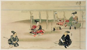 Samuraj Takezaki předává hlavy dvou mongolských útočníků Adači Morinumemu během mongolské invaze do Japonska v roce 1274, ilustrace z časopisu Kokka, květen 1921. od Japanese School